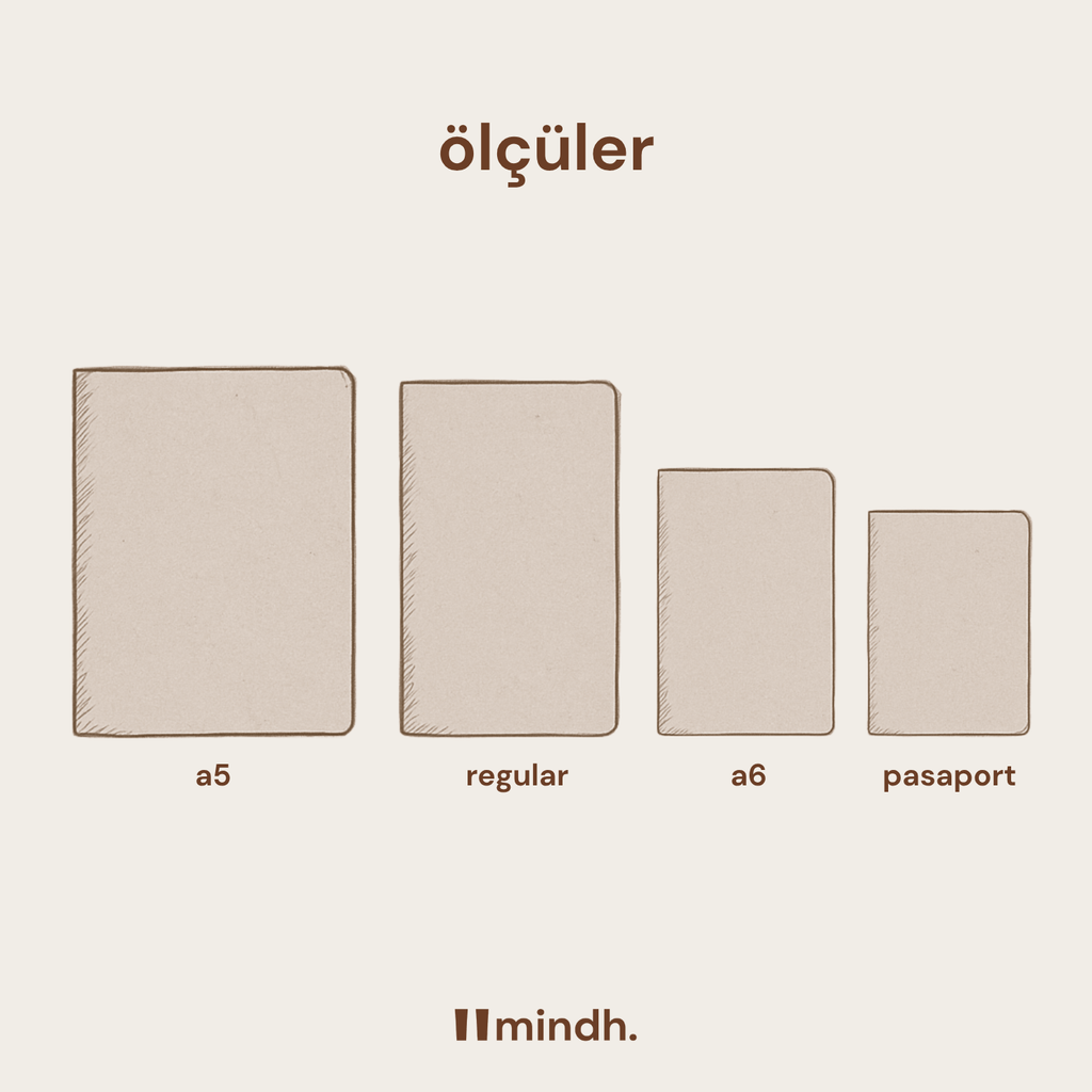 ölçüler: mindh. el yapımı kraft defterlerin a5, regular, a6 ve pasaport boyutları